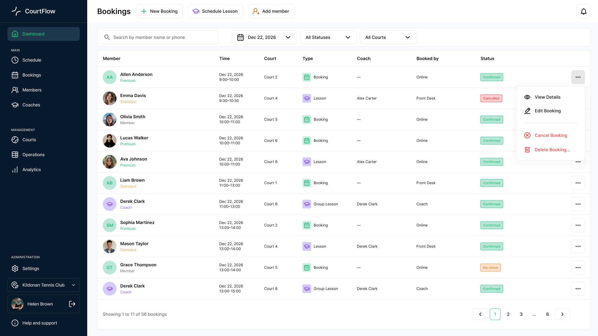 Courtflow bookings screen