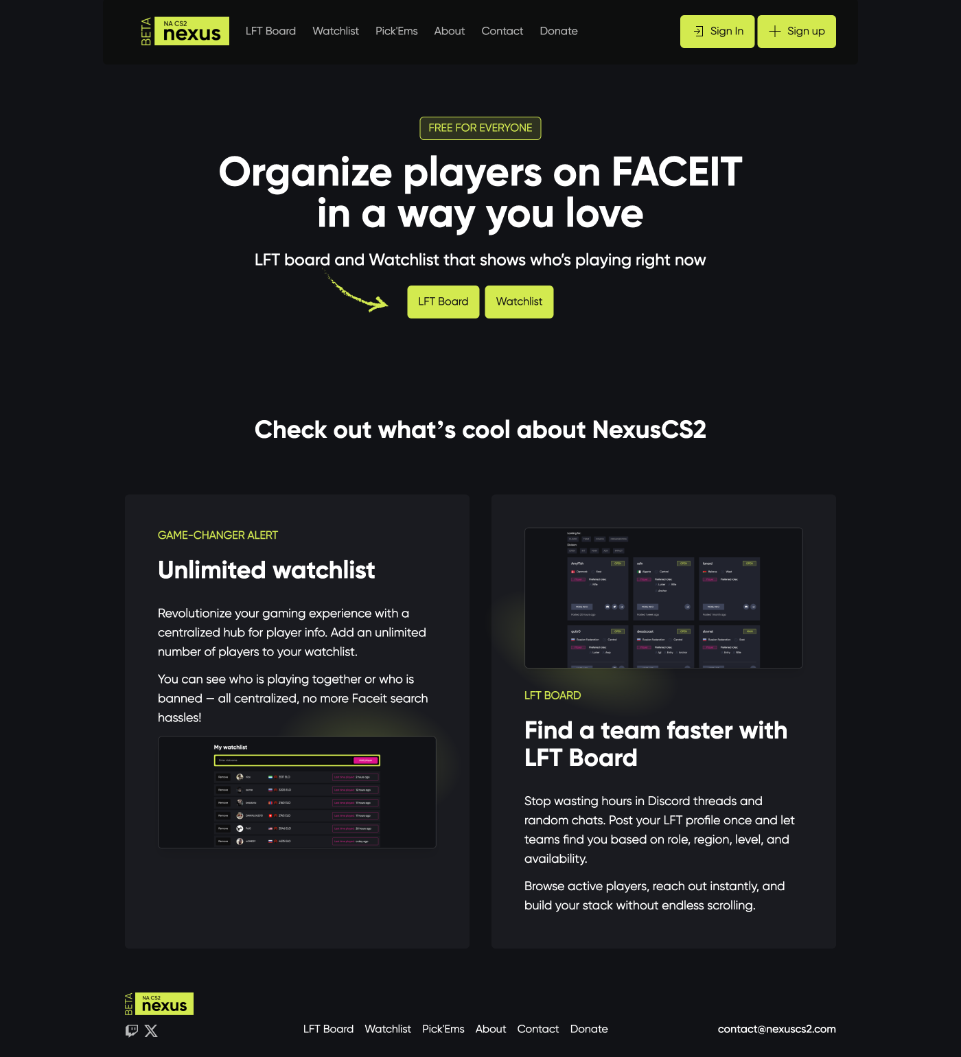 Nexus landing page showing the first screen users see