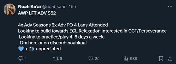 Twitter post from Noah Ka'ai about finding teammates