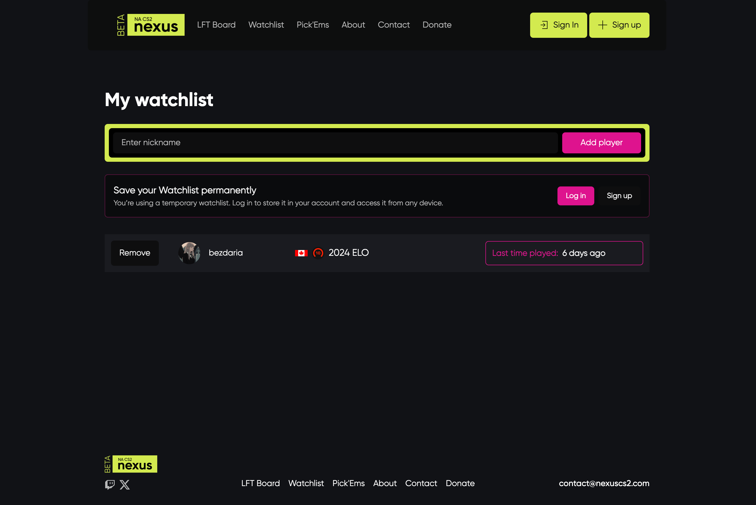 Nexus watchlist screen showing saved players and recent activity