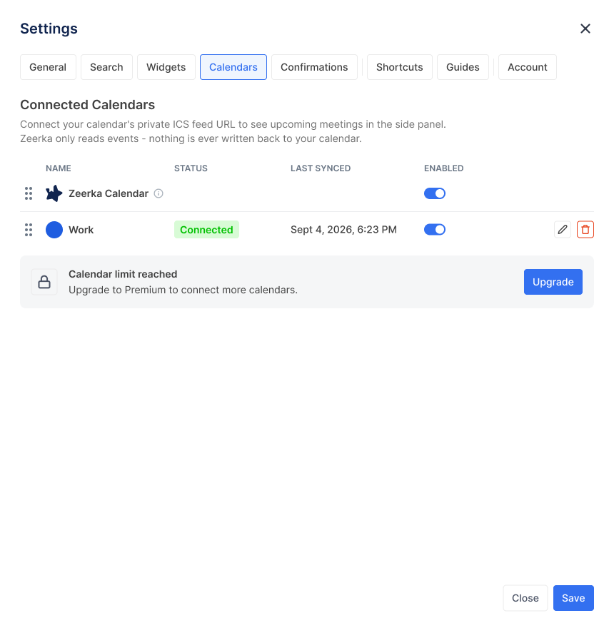Calendar settings (Standard)